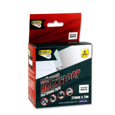Stik-ie 5m X 25mm Roll Multipurpose Hook & Loop Fastening Tape - White mulveys.ie natonwide shipping
