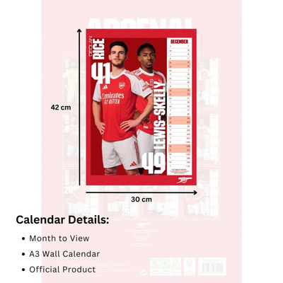 2026 CALENDAR ARSENAL FC MEN'S MONTH TO VIEW A3 WALL CALENDAR OFFICIAL PRODUCT