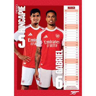 2026 CALENDAR ARSENAL FC MEN'S MONTH TO VIEW A3 WALL CALENDAR OFFICIAL PRODUCT