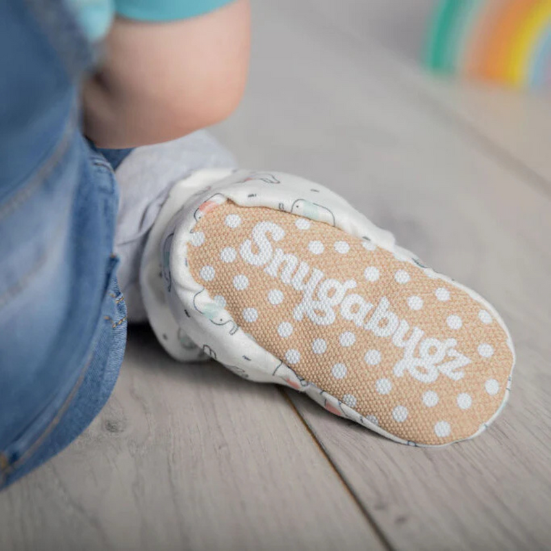 Snugabugz White Elephant Print - Baby Booties That Stay On with Non-Slip Soles