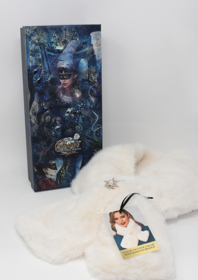 SOMETHING SPECIAL LUXURY FAUX FUR COLLAR WITH DIAMANTE BROOCH White mulveys.ie nationwide shipping