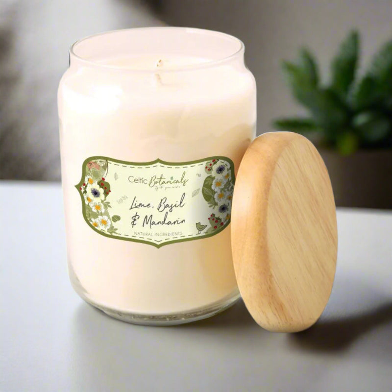 Celtic Candles botanicials Lime, Basil & Mandarin large pop jar candle. Mulveys.ie