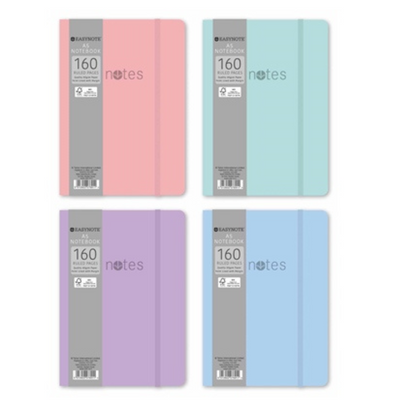 Easynote A5 Soft touch Notebook with Elastic strap, 160 page, 4 assorted Pastel colours mulveys.ie nationwide shipping
