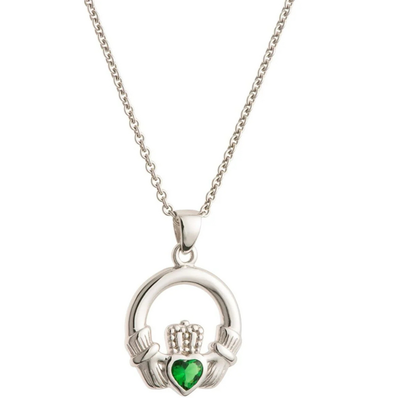 Galway Crystal Green Crystal Claddagh Silver Pendant
