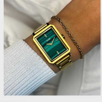 Gift Box Fluette Watch Steel, Green & Round Chain Bracelet, Gold Colour