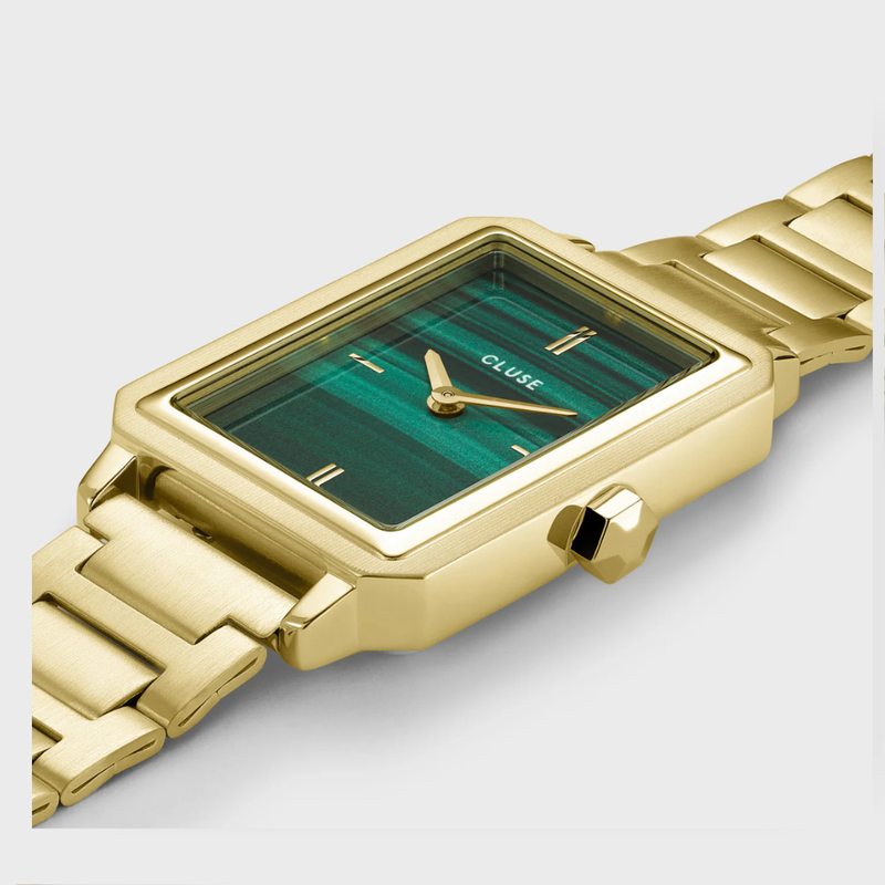 Gift Box Fluette Watch Steel, Green & Round Chain Bracelet, Gold Colour