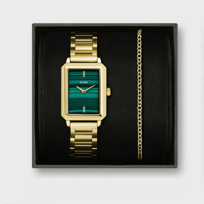 Gift Box Fluette Watch Steel, Green & Round Chain Bracelet, Gold Colour