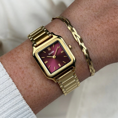 Gift Box Gracieuse Petite Watch Steel, Dark Cherry & Braided Snake Bracelet, Gold Colour