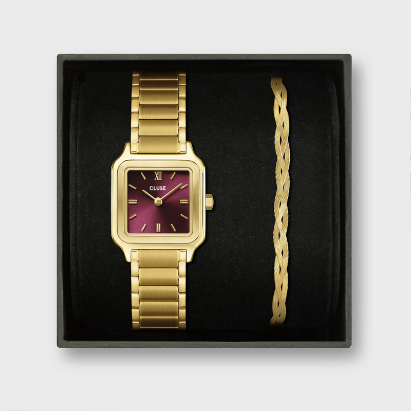 Gift Box Gracieuse Petite Watch Steel, Dark Cherry & Braided Snake Bracelet, Gold Colour