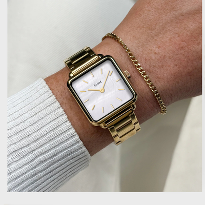 Gift Box La Tétragone Watch Steel, White Pearl & Curb Chain Bracelet, Gold Colour