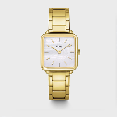 Gift Box La Tétragone Watch Steel, White Pearl & Curb Chain Bracelet, Gold Colour