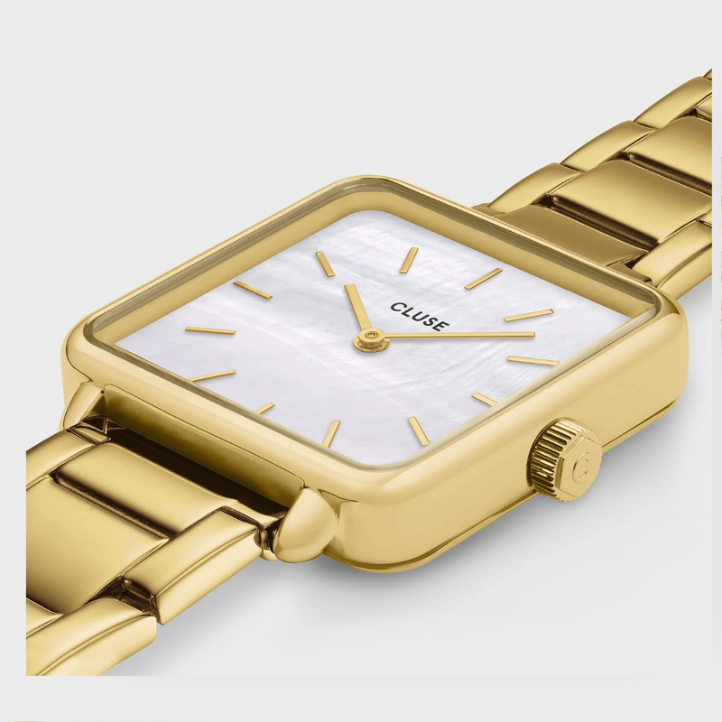 Gift Box La Tétragone Watch Steel, White Pearl & Curb Chain Bracelet, Gold Colour