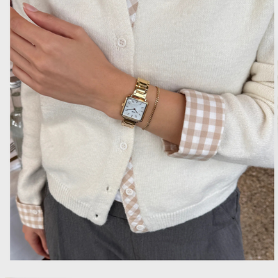 Gift Box La Tétragone Watch Steel, White Pearl & Curb Chain Bracelet, Gold Colour