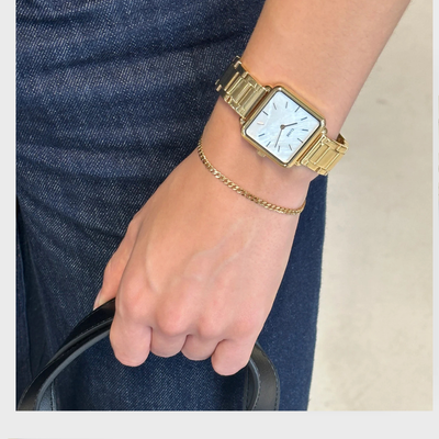 Gift Box La Tétragone Watch Steel, White Pearl & Curb Chain Bracelet, Gold Colour