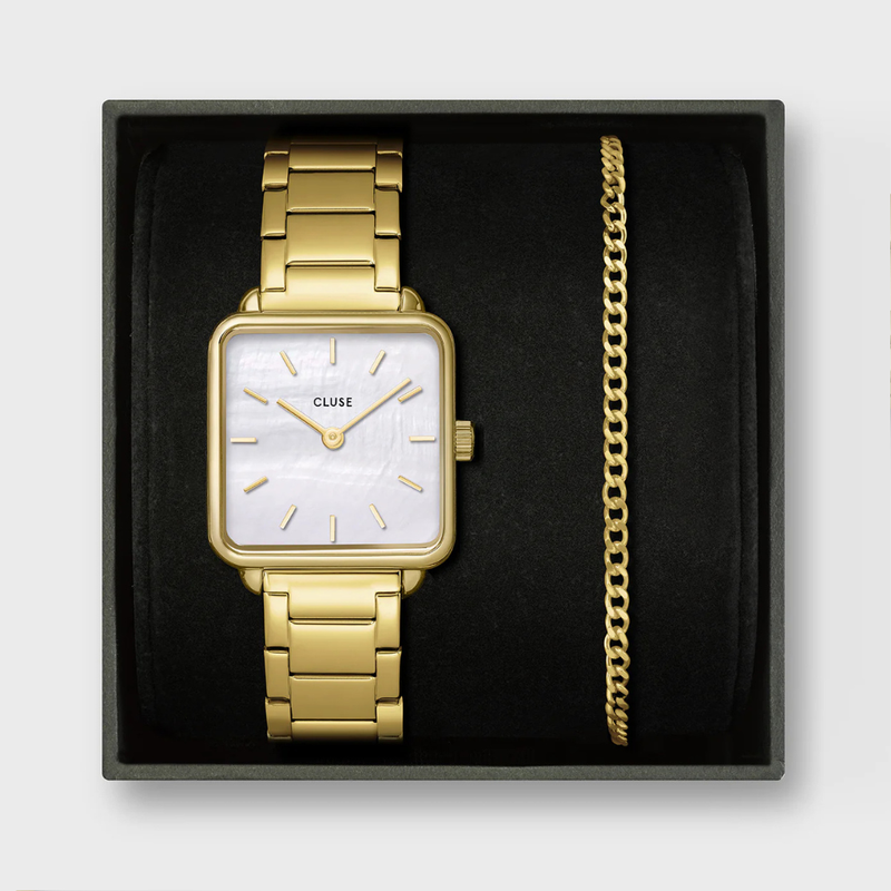 Gift Box La Tétragone Watch Steel, White Pearl & Curb Chain Bracelet, Gold Colour