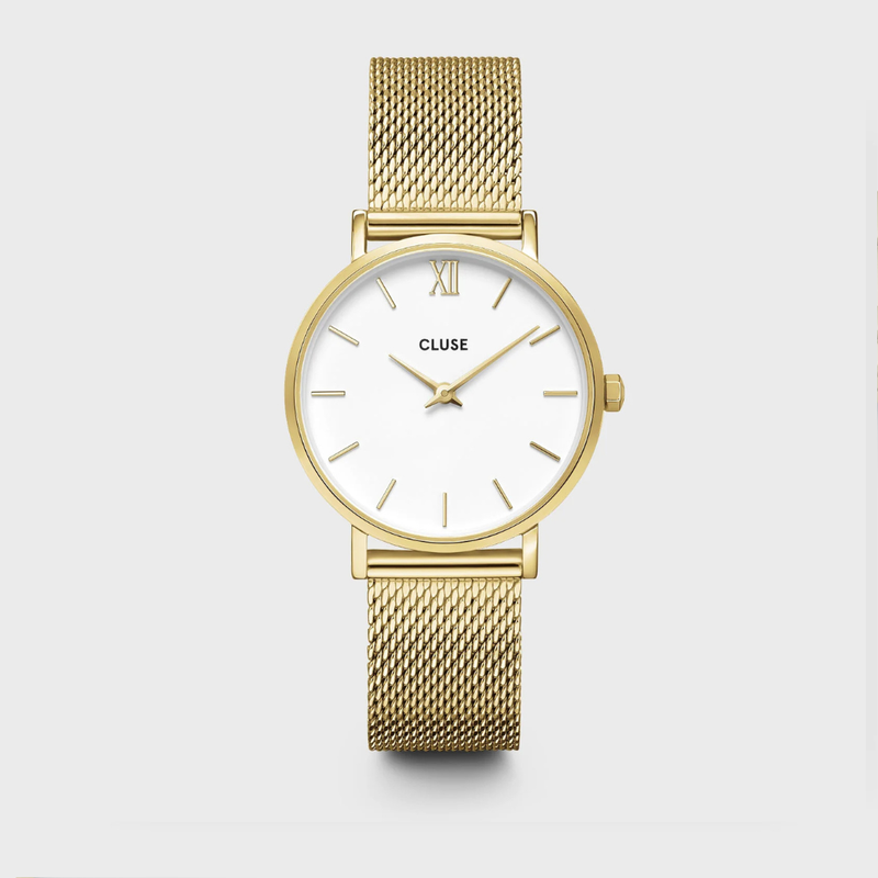 Gift Box Minuit Watch Mesh, White & Flat Snake Bracelet, Gold Colour