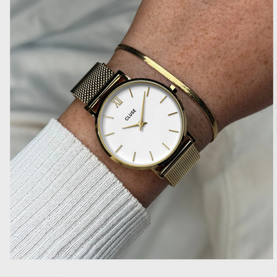 Gift Box Minuit Watch Mesh, White & Flat Snake Bracelet, Gold Colour
