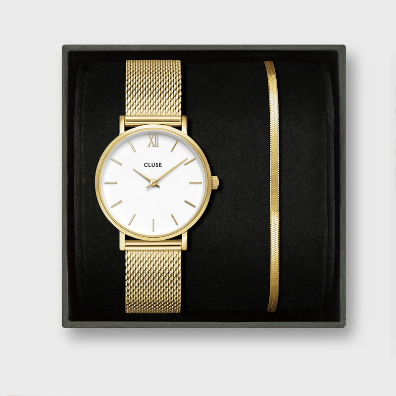 Gift Box Minuit Watch Mesh, White & Flat Snake Bracelet, Gold Colour