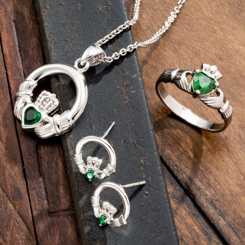 Green Crystal Claddagh Silver Earrings
