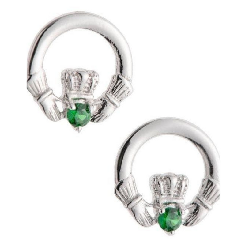 Green Crystal Claddagh Silver Earrings
