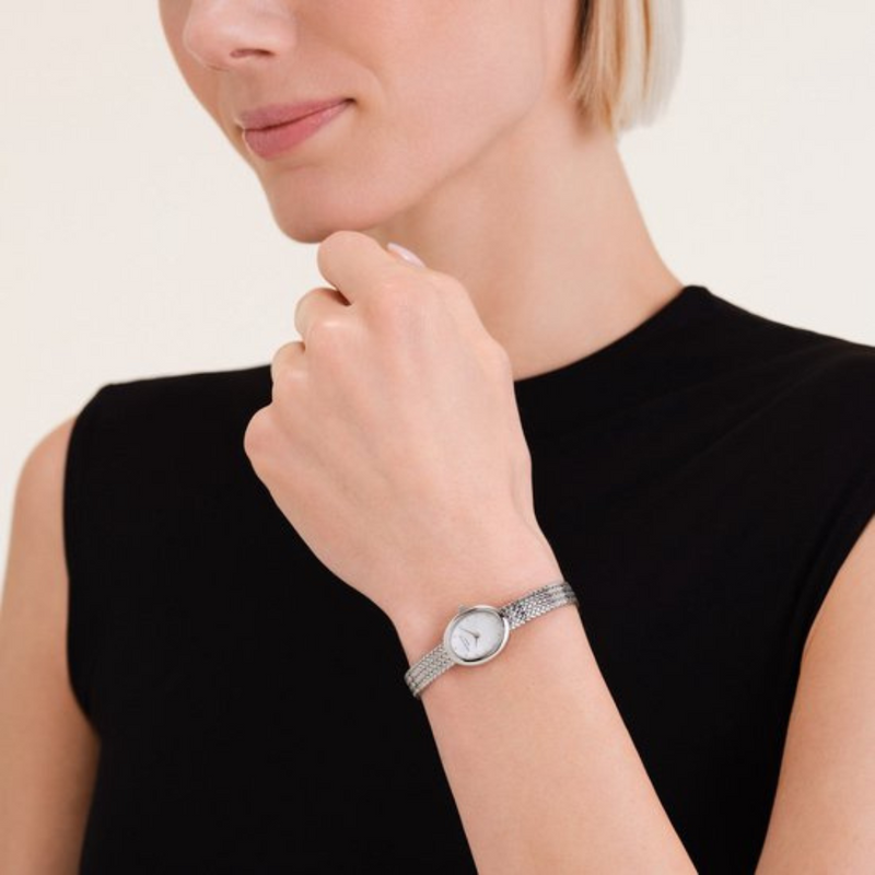 Mini Oval White Dial Silver Woven Mesh Strap by Rosefield Collection