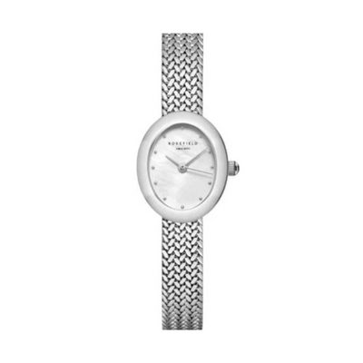Mini Oval White Dial Silver Woven Mesh Strap by Rosefield Collection