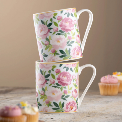 Belleek Living Pink Peony Mugs Pair mulveys.ie nationwide shipping