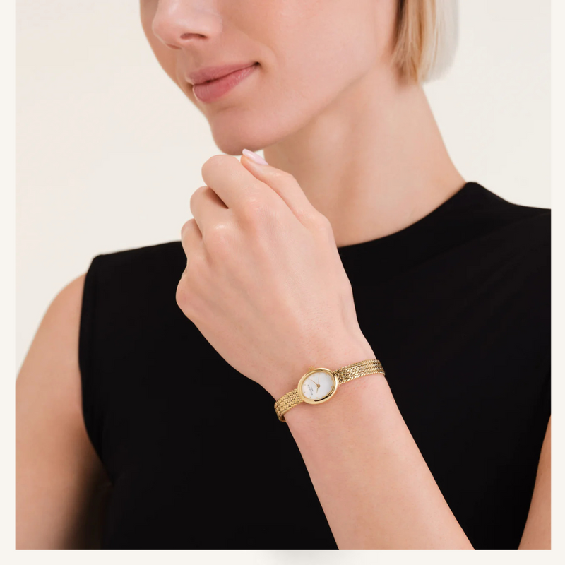 Rosefield Mini Oval White Dial Gold Woven Mesh Strap