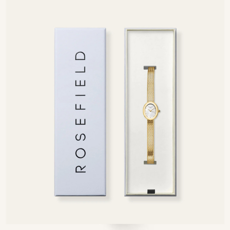 Rosefield Mini Oval White Dial Gold Woven Mesh Strap