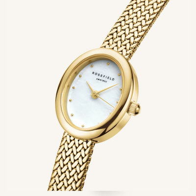 Rosefield Mini Oval White Dial Gold Woven Mesh Strap