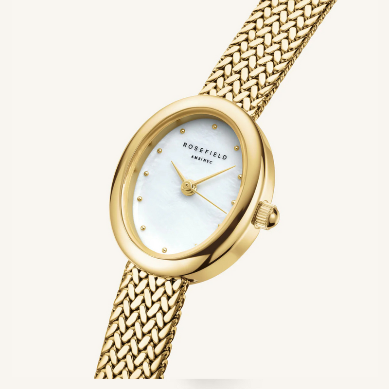 Rosefield Mini Oval White Dial Gold Woven Mesh Strap