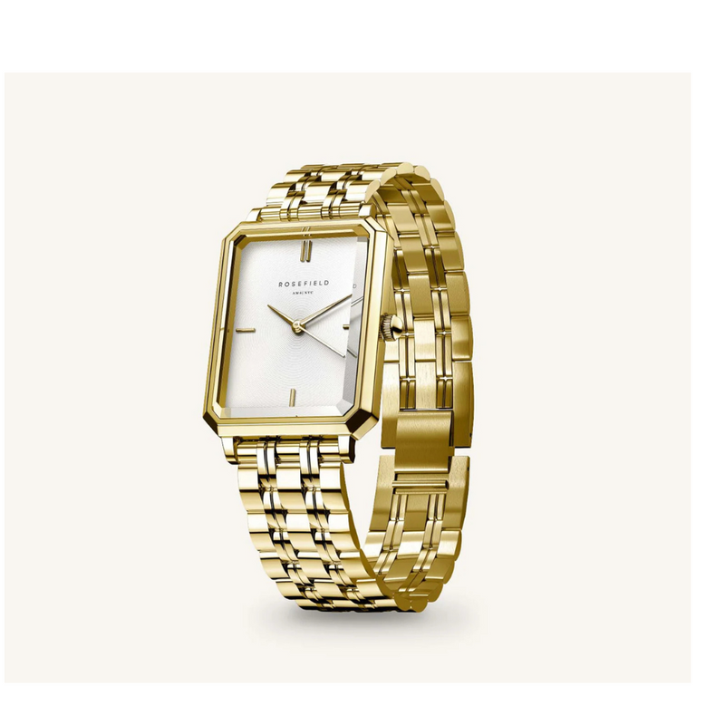 Rosefield Octagon XS Silver Sunray Dial in a Gold IP Case and Stainless Steel Bracelet