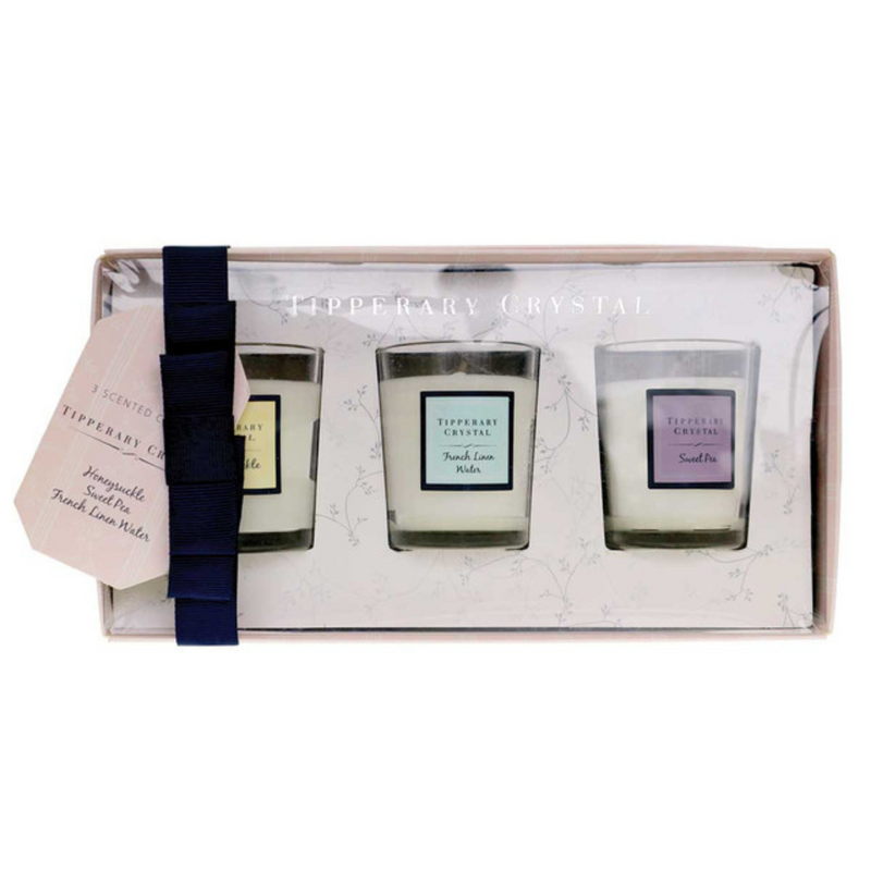 Tipperary Crystal Set of 3 Assorted Mini Candles - Sweet Pea, Honeysuckle, French Linen