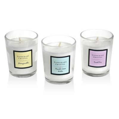 Tipperary Crystal Set of 3 Assorted Mini Candles - Sweet Pea, Honeysuckle, French Linen