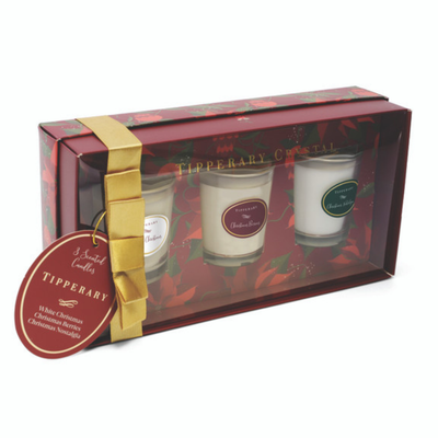 Tipperary Crystal Poinsettia S/3 Mini Candles - Christmas Berries mulveys.ie nationwide shipping