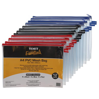 Texet Essentials Pkt.12 A4 3 Asst Pvc Mesh Bag mulveys.ie