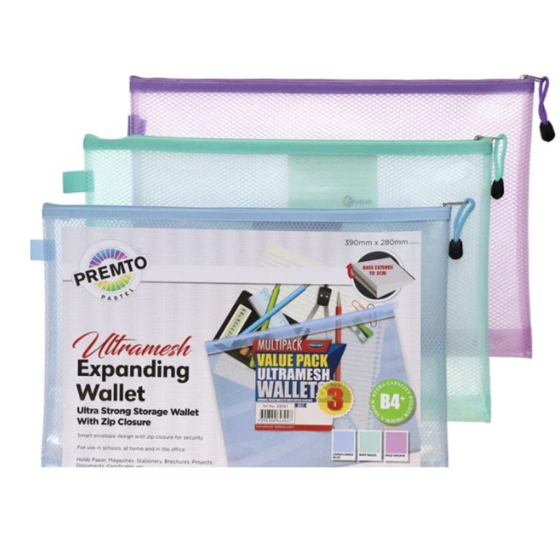 Premto Multipack | B4+ Ultramesh Expanding Wallet with Zip - Pastel - Pack of 3 mulveys.ie nationwide shipping