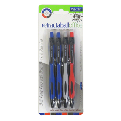 Proscribe Rectractable Ballpoint Pens, Pack of 4, Black, Blue and Red Ink mulveys.ie nationwide shipping