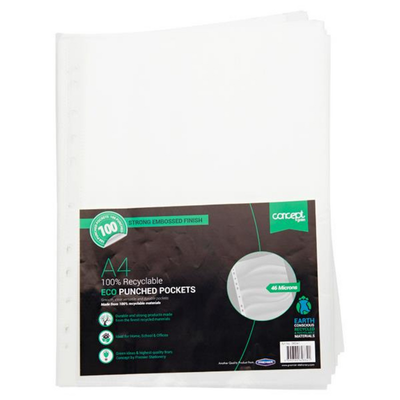 Concept Green Pkt.100 A4 Eco 100% Recyclable Punched Pockets