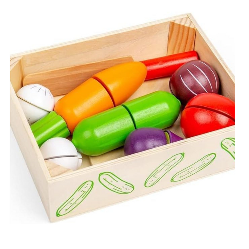  Bigjigs Toys Crate of Wooden Cutting Vegetables with Chopping Board and Knife - Play Food Toys MULVEYS.IE NATIONWIDE SHIPPING