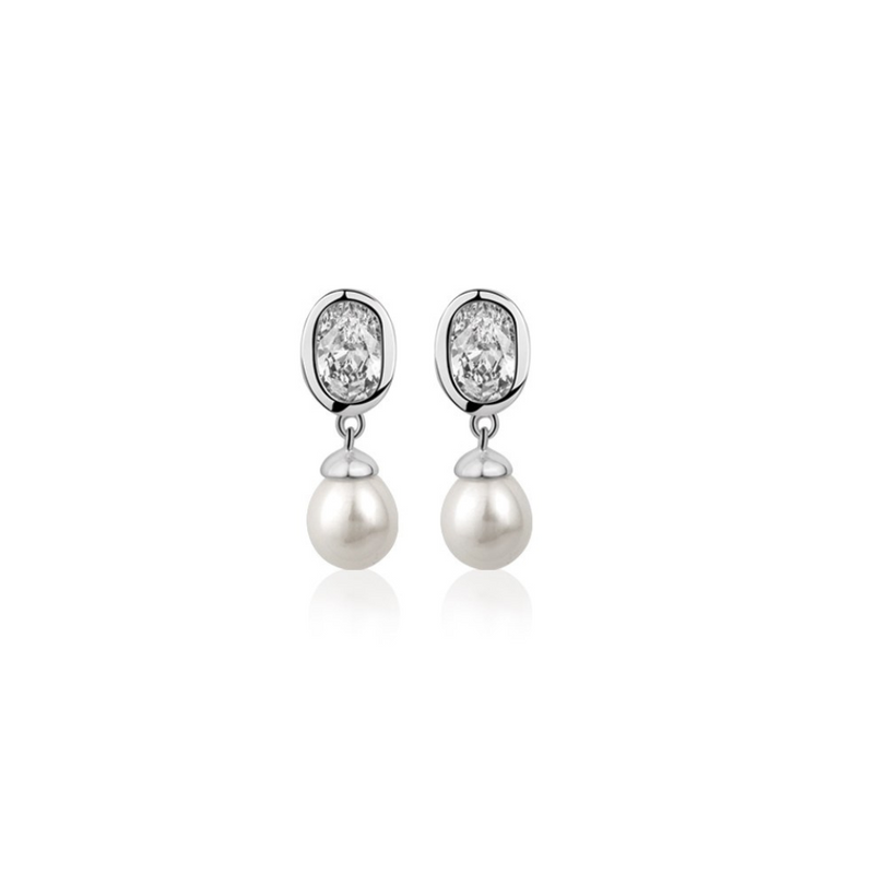 Newbridge  Silverware Pearl Drop Earrings with Clear Stones mulveys.ie nationwide shipping