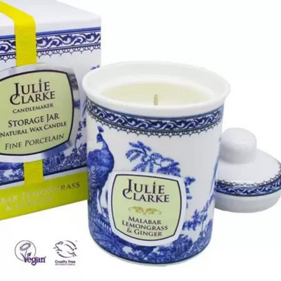 Julie Clarke Blue Peacock Storage Jar Candle Malabar, Lemongrass & Ginger mulveys.ie nationwide shipping