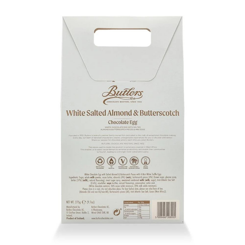Butlers Tasty Pieces White Salted Almond & Butterscotch Egg with White Truffles 275G mulveys.ie natiownide shipping