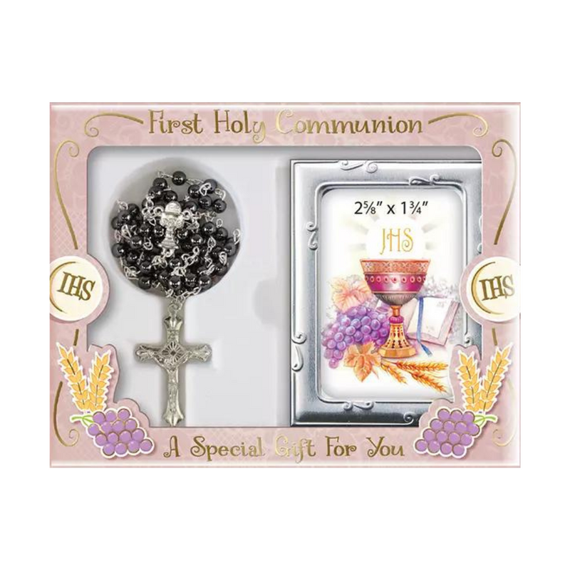 Communion Glass Black Rosary/Photo Frame