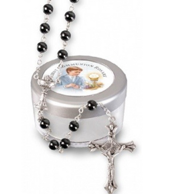 Communion Glass Rosary/Imit.Hematite (C6133) mulveys.ie nationwide shipping