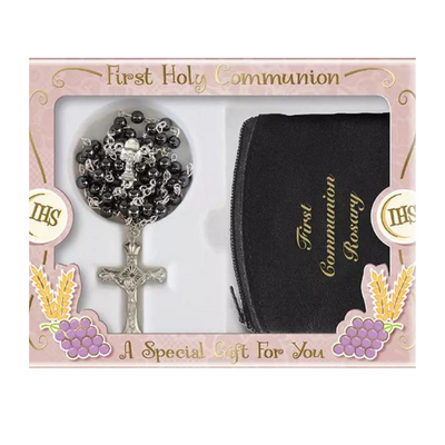 Communion Imit.Hematite Rosary/Black Purse mulveys.ie nationwide shipping