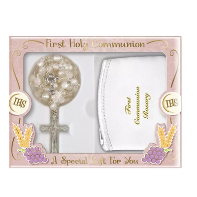 Communion Imit.Pearl Rosary/White with Purse mulveys.ie nationwide shipping