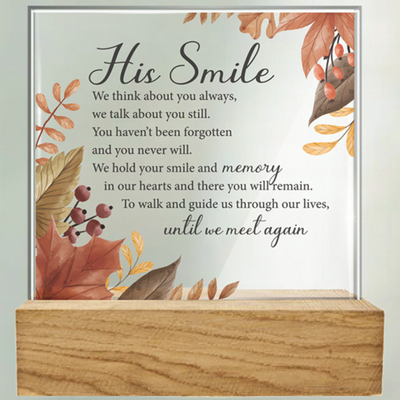 Glass Plaque/Wood Base/His Smile (32427) mulveys.ie nationwide shipping