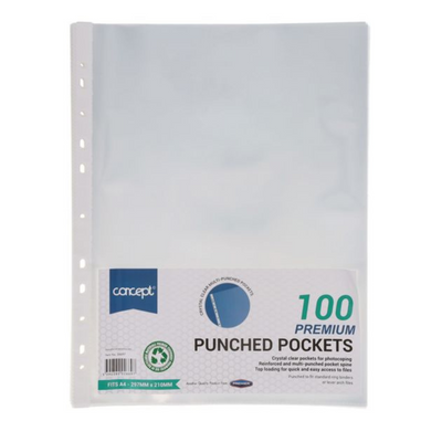 Concept Blue Pkt.100 A4 Punched Pockets mulveys.ie nationwide shipping