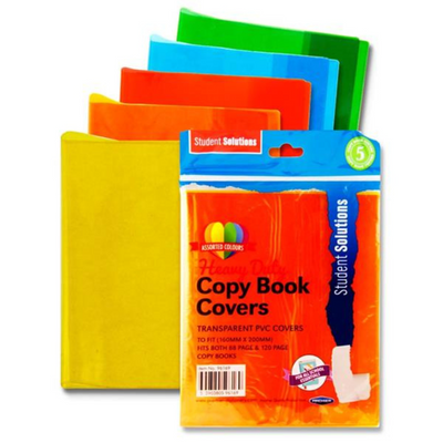 Student Solutions * Pkt.5 Pvc Heavy Duty Copy Book Covers - 5 Asst Transparent Colours mulveys.ie nationwide shipping